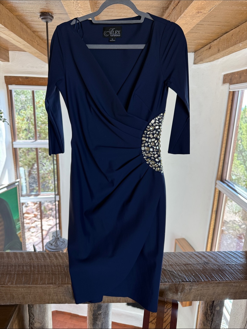 Alex Evenings Navy Ruched Sheath Dress with Crystal Side Accent